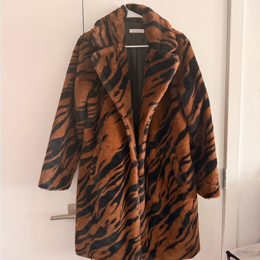 12th Tribe Sienna Brown Tiger Faux Fur Coat